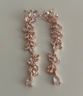 Diamante-filled Long Dangle Drop Leaf Style Earrings